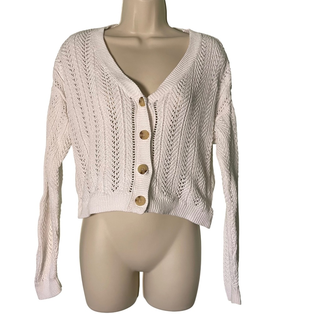 Hollister Womens White Pointelle Knit Cropped Cardigan Sweater Small Preppy